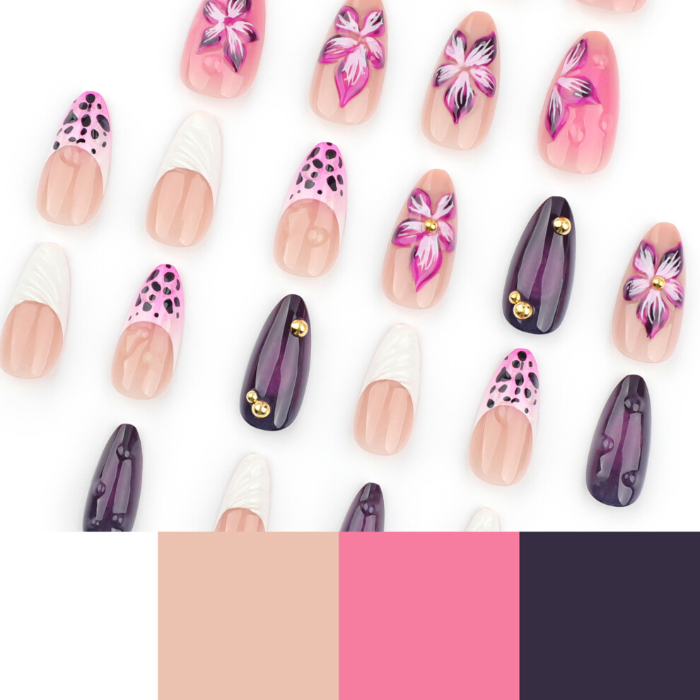 Zhouq-Outdoors 24Pcs Pink Leopard 3D Flower French Fake Nails