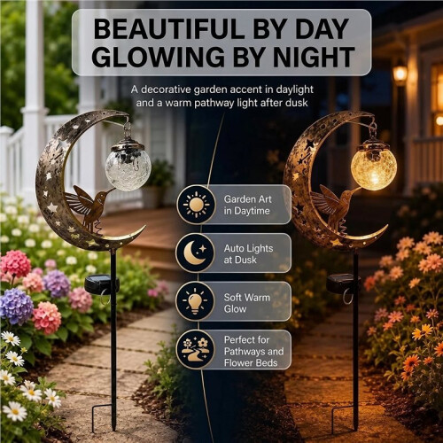 Moon Solar Stake Light Waterproof Crackle Glass Globe Pathway Decor 2