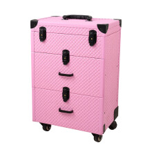Pink Quilted PU Rolling Makeup Case with Drawers, Professional Cosmetic Trolley with Lock Latches, Telescopic Handle & 360° Wheels for Makeup Artists