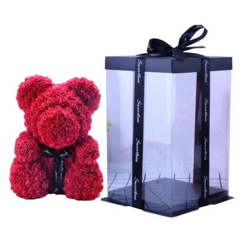 (red) Handmade Artificial Rose Bear 25cm Durable with Gift Box and Lamp