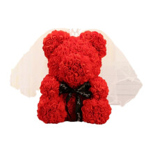 (Barn red) Handmade Artificial Rose Bear 25cm Durable with Gift Box and Lamp