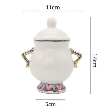 (Small Beige Sugar Bowl) Chaleira de Porcelana com Esmalte Pintada à Mão Tema A Bela e a Fera para Coleção e Decoração