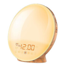 (Wood Grain) Despertador com Simulação do Nascer do Pôr do Sol, Luz de 7 Cores, Função Sesta e Rádio FM