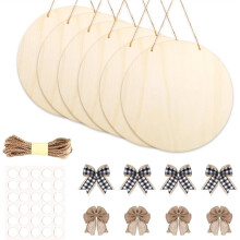 10Pcs Christmas Wood Circles for Crafts with Bows Twine Glue Point,Wood Ornaments for Painting Holiday Decor B