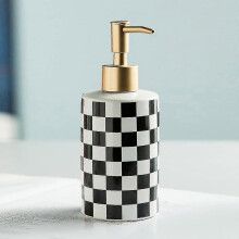 (black) Porcelain Soap Dispenser with Checkerboard Design, Gold Pump, 300ml for Hand and Dish Soap