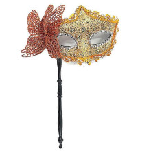 (orange) Masquerade Mask Hand Held for Costume Ball in Black & Silver