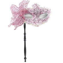 (pink) Masquerade Mask Hand Held for Costume Ball in Black & Silver