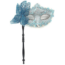 (blue) Máscara de Mão Veneziana para Bailes de Fantasia em Preto e Prata