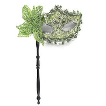 (green) Masquerade Mask Hand Held for Costume Ball in Black & Silver