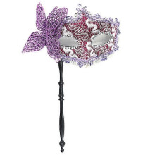 (purple) Masquerade Mask Hand Held for Costume Ball in Black & Silver