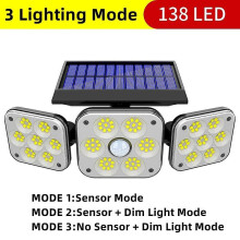 (138 LED-1pcs) Luz Solar com Sensor de Movimento 3 Cabeças Ajustáveis 270 Ângulo IP65 para Jardim