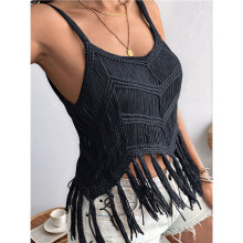 Women'S Fringe Camis Western Cowgirl Tassel Tank Tops Sleeveless V-Neck Crochet Top Spaghetti Straps Vest Black XL