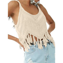 Women'S Fringe Camis Western Cowgirl Tassel Tank Tops Sleeveless V-Neck Crochet Top Spaghetti Straps Vest Apricot S