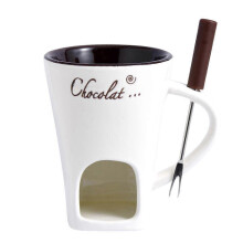 (White) Ceramiczny kubek do fondue z widelcem 130 ml, do indywidualnej porcji sosu czekoladowego na imprezę