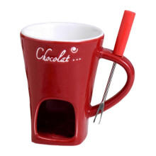 (Red) Ceramiczny kubek do fondue z widelcem 130 ml, do indywidualnej porcji sosu czekoladowego na imprezę
