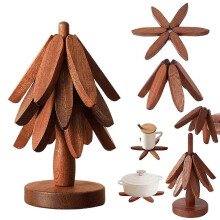 (walnut, 3 brackets) Puinen kokoontaitettava pannunalus, 3 kpl, jalustalla, lämmönkestävä kuumille pannuille, keittiö- ja pöytäsuojus