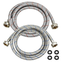 2er-Packung 1,5 M Lange, 3/4"-NPT-Edelstahlschläuche mit Unterlegscheibe, Geflochtene Wasserzuleitungen - Warm- und Kaltwasser, Gestreift, für