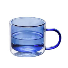 (Blue) Kubek do kawy ze szklanymi ściankami i uchwytem, 250 ml, przezroczysty, do napojów gorących i zimnych