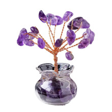 (amethyst) Kristallen geldboomfiguurtje, natuurlijk kristal met gekleurde stenen voet, voor decoratie in huis, kantoor of studeerkamer, veelkleurig