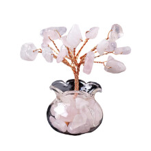 (pink quartz) Kristallen geldboomfiguurtje, natuurlijk kristal met gekleurde stenen voet, voor decoratie in huis, kantoor of studeerkamer, veelkleurig