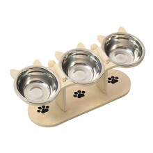 (Wood) Elevated Cat and Small Dog Bowls, Ergonomic Raised Wooden Stand with 3 Heat Resistant Stainless Steel Removable Bowls, 16.85 x 5.91 x 6.30 Inch