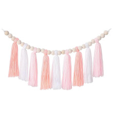 (pink color) Guirlanda Artesanal de Madeira com Franjas de Algodão, Decoração de Parede para Sala Quarto Escritório