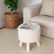 Cord Pouffe - Upholstered Seat with Wooden Legs