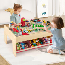 Eisenbahntisch aus Holz, 2 wendbare Platten, 3 Schubladen, 94-teilig