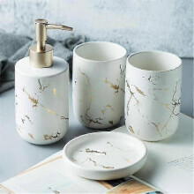 (white, 4pcs) Zestaw akcesoriów łazienkowych z ceramiki marmurowej, skandynawski zestaw do łazienki z kubkiem, mydelniczką i dozownikiem do mydła