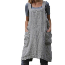 (Grey, XL) Puuvillainen pellavainen ristiselkäinen esiliina naisille taskuilla, esiliinamekko leivontaan ja ruoanlaittoon