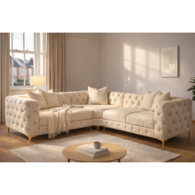 (Cream, 5 Seater Corner) Monaco Chesterfield Sofa Set Plush Velvet 2 Seater 3 Seater 3+2 Seater Corner Sofa