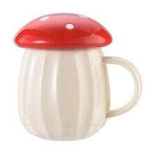 (Red) Czerwony ceramiczny kubek w kształcie grzyba z pokrywką, pojemność 250 ml, do kawy i herbaty, kreatywny prezent