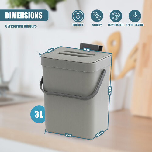 GEEZY GEEZY Hanging Kitchen Waste Bin 3L Over Door Compost Caddy Food Waste Trash Can Pot 2