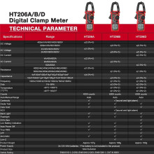 HABOTEST Alicate Amperimétrico Digital HT206D para CA/CC, Corrente, NCV, Ampere, True RMS, Capacitância, Ohms, Hertz, Temperatura e Tensão