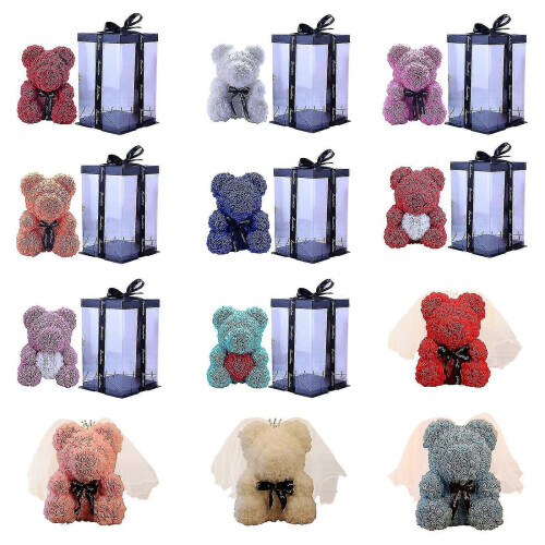 (Barn red) Handmade Artificial Rose Bear 25cm Durable with Gift Box and Lamp 2