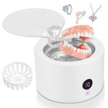 Ultrasonic Cleaner for Dentures, 45kHz Ultrasonic Retainer Cleaner with 4 Modes, Ultrasonic Cleaning Machine 150ml for Aligner (White)