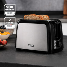 (Black) Geepas 2 Slice Bread Toaster with 7 Level Browning Control | Removable Crumb Tray, Defrost, Reheat & Cancel Function, Cord Storage 750W