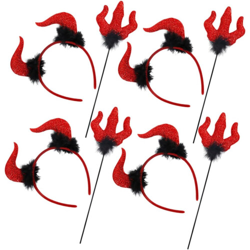 4sets Halloween Set Demon Horns Kit Bandeira de cabeça assustadora e cana de tridente