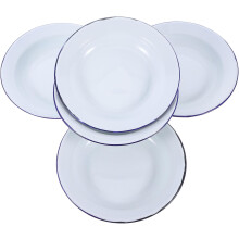Okrągłe talerze emaliowane 16 cm, retro, kuchenny talerz, biały z niebieskim rantem, vintage'owa zastawa stołowa