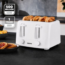 (White) Geepas 4 Slice Bread Toaster 6Level Browning 1400W