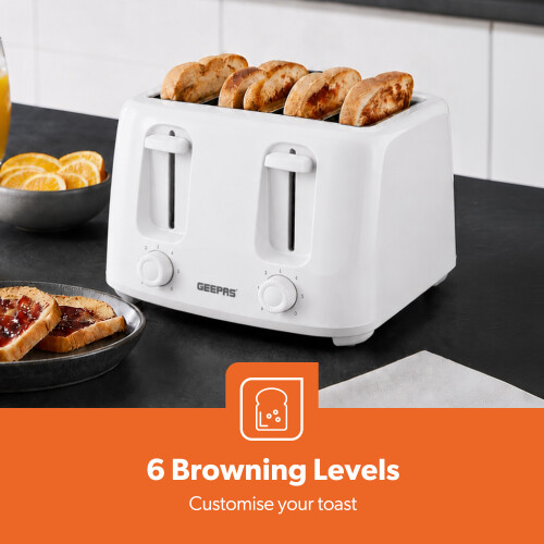GEEPAS (White) Geepas 4 Slice Bread Toaster 6Level Browning 1400W 2
