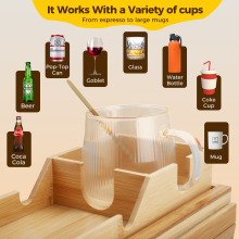 Bamboo Couch Cup Holder with Side Storage Pocket & Phone Holder - Non-Slip Sofa Armrest Tray Table for Drinks, Cellphone, Remote Control, Snacks