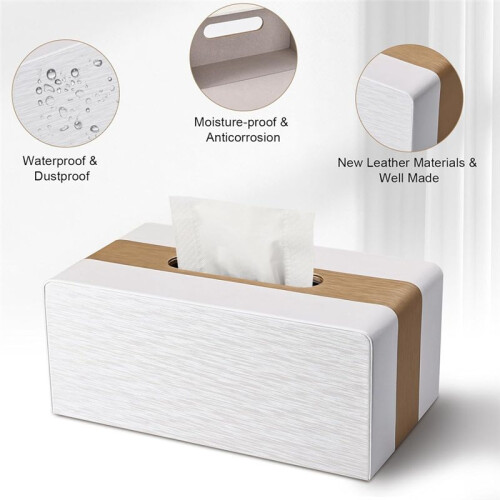 Issue Box Cover, PU Leather Tissue Box Covers Rectangular Tissue Holder for Home/Office/Car Decoration White 1