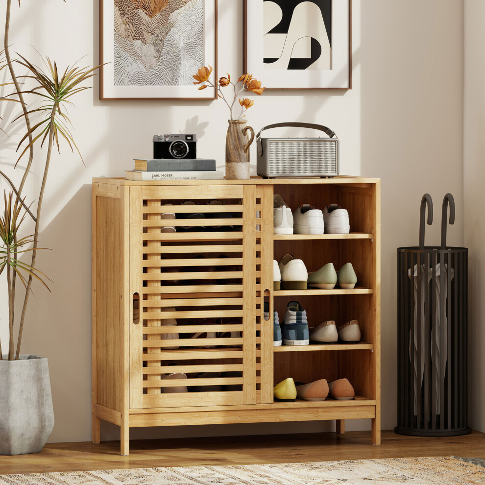 Homcom Bamboo Shoe Cabinet With 2 Sliding Slat Doors, 16 Pairs, Natural