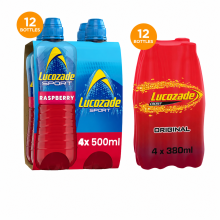 Lucozade Sport Raspberry 500ml & Energy Original Drink 380ml Bundle 12 Pack Each