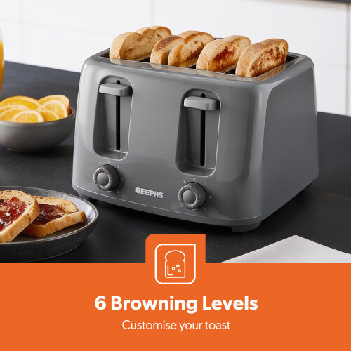 GEEPAS (Grey) Geepas 4 Slice Bread Toaster 6Level Browning 1400W 2