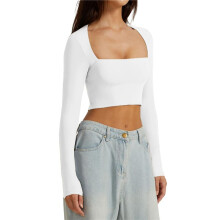 Top Curto Básico Casual Feminino, Decote Quadrado, Manga Comprida, Forro Duplo Branco S
