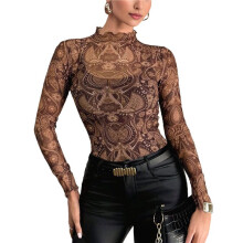 Blusas de Malla de Manga Larga para Mujer, Cuello Alto, Transparentes, para Salir, Ropa de Club. Color Café L