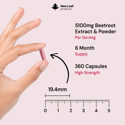 New Leaf Product Beetroot Capsules - Potent 5100mg P/S 360 Vegan Capsule + Black Pepper 2