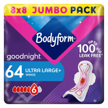 Bodyform Ultra Goodnight Sanitary Towels with Wings, 64 (8 x 8 Packs) Period Pads for Night use, SecureFit Leakage Protection, Ultra-Breathable Top L